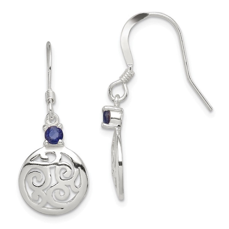 Quality Gold Sterling Silver & Iolite Round Polished Filigree Dangle Earrings