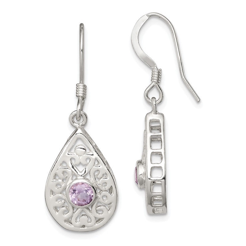 Quality Gold Sterling Silver & Amethyst Polished Fancy Filigree Dangle Earrings