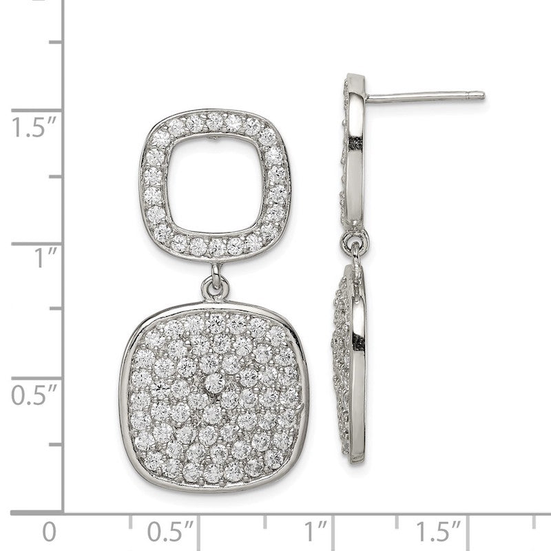 Quality Gold Sterling Silver Open CZ Square & Hanging Full Square CZ Post Dangle Earring