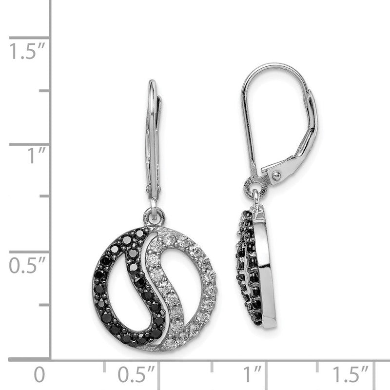 Quality Gold Sterling Silver Black & White CZ Yin Yang Dangle Earrings