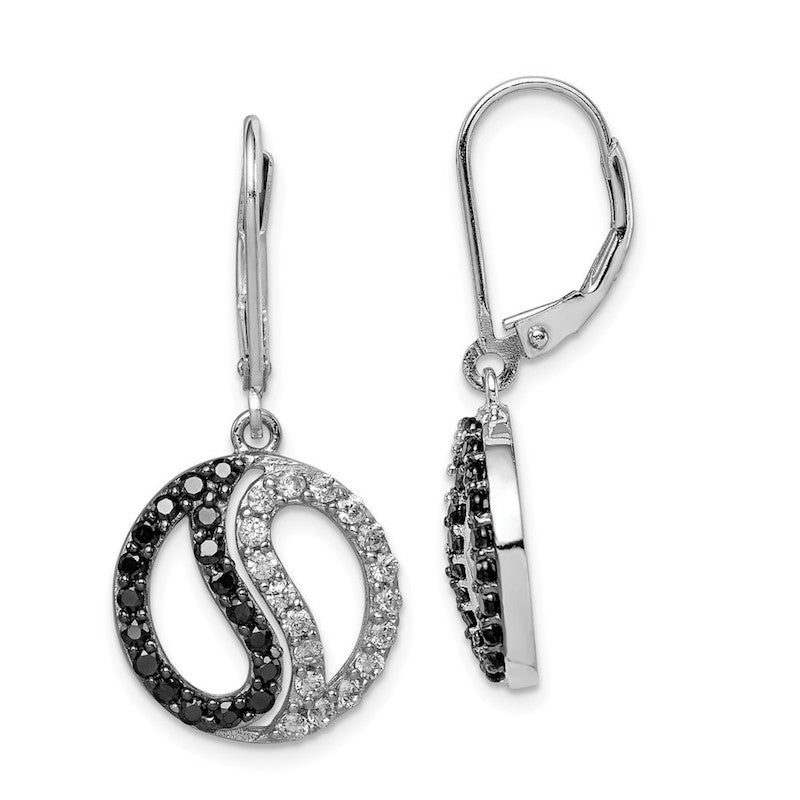 Quality Gold Sterling Silver Black & White CZ Yin Yang Dangle Earrings