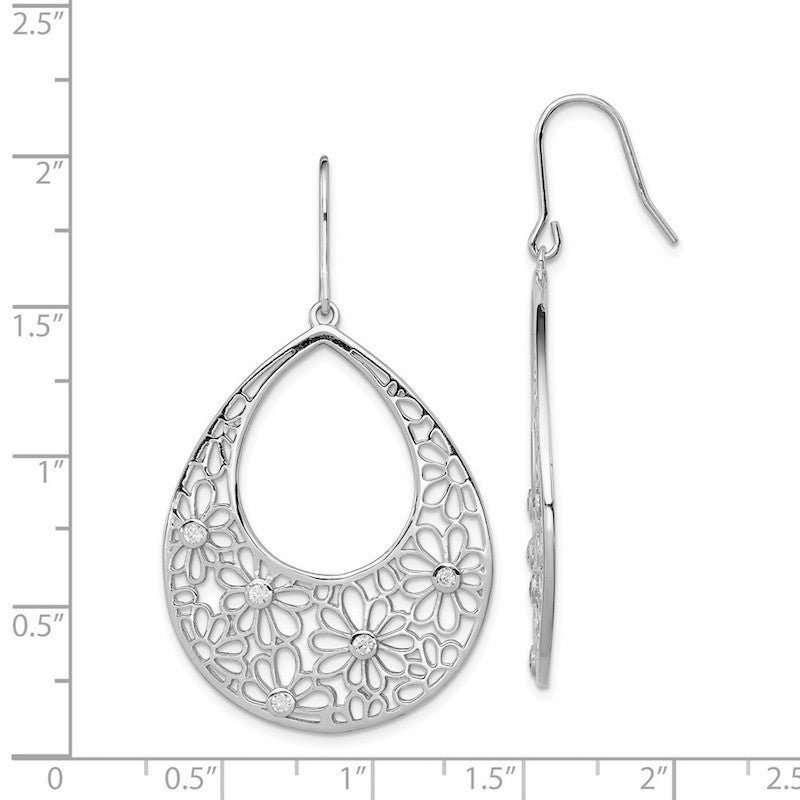 Quality Gold Sterling Silver Flower Cut Out CZ Teardrop Dangle Earrings