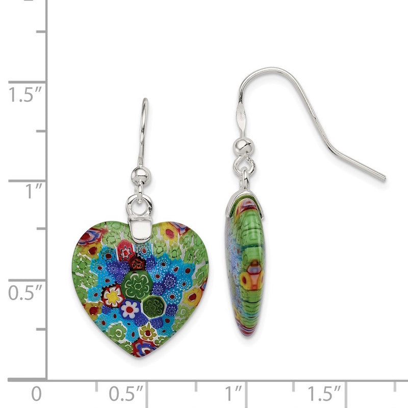 Quality Gold Sterling Silver Multicolored Glass Polished Heart Dangle Earrings