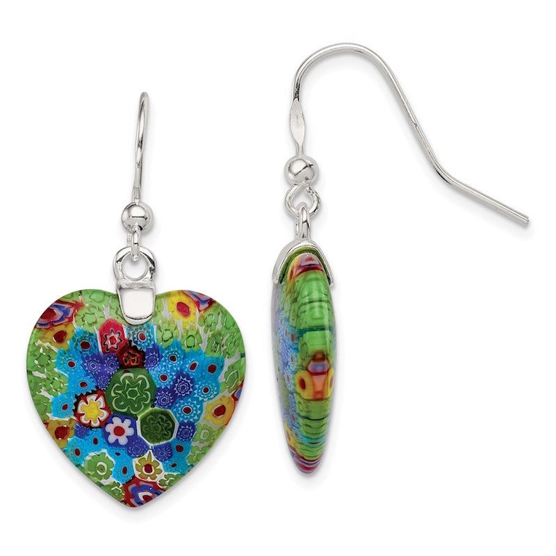 Quality Gold Sterling Silver Multicolored Glass Polished Heart Dangle Earrings