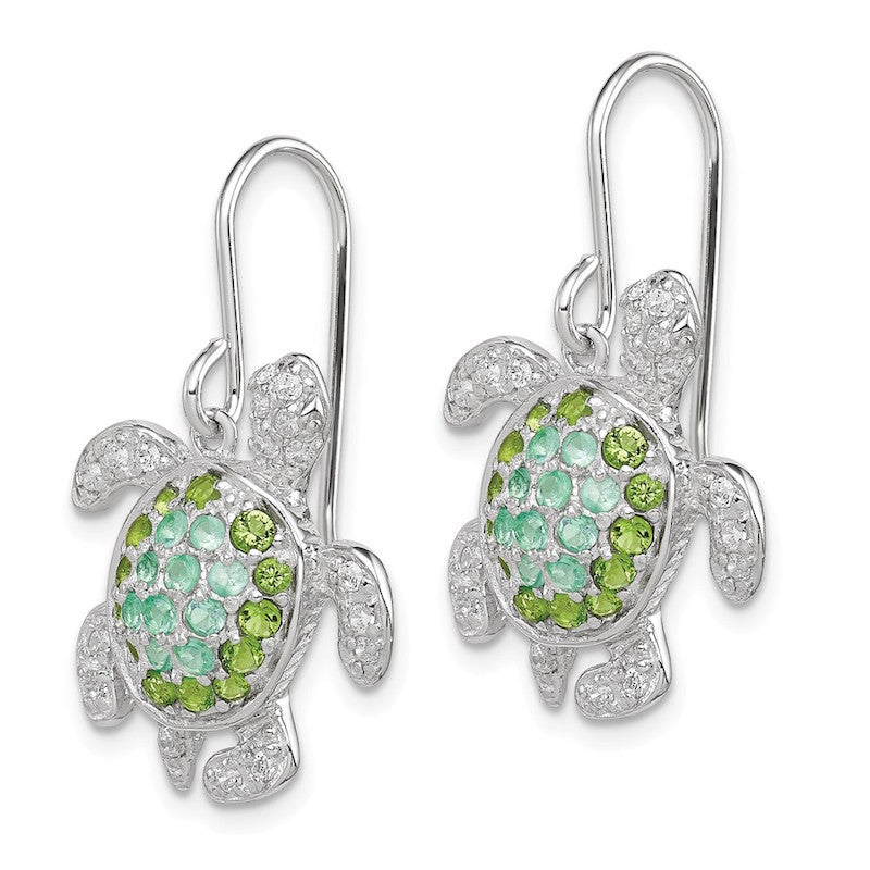 Quality Gold Sterling Silver Clear Green Blue CZ Turtle Rhodium-plated Dangle Earrings