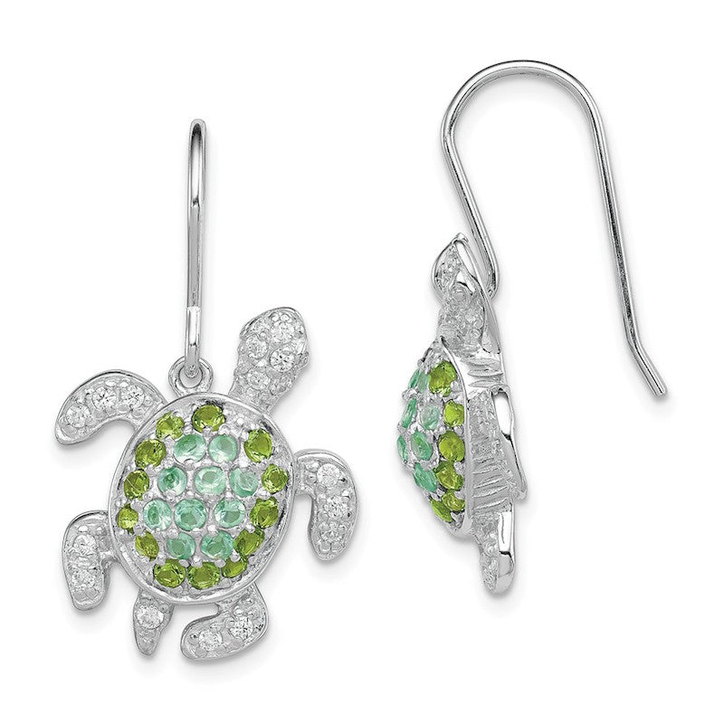 Quality Gold Sterling Silver Clear Green Blue CZ Turtle Rhodium-plated Dangle Earrings