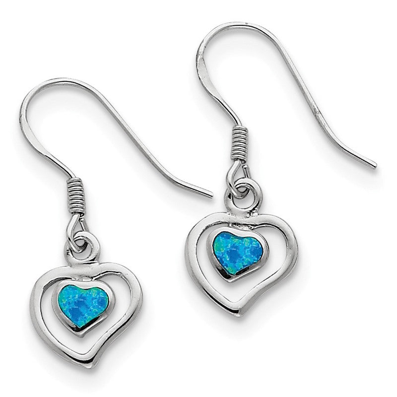 Quality Gold Sterling Silver Blue Opal Inlay Center Heart Dangle Earrings