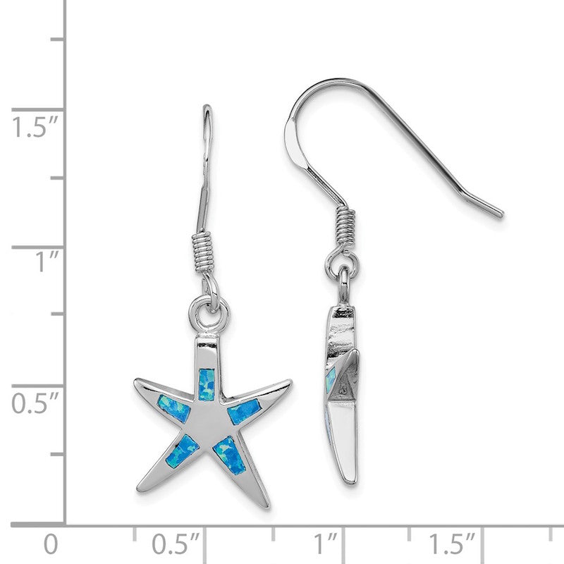 Quality Gold Sterling Silver Blue Opal Inlay Flat Starfish Dangle Earrings