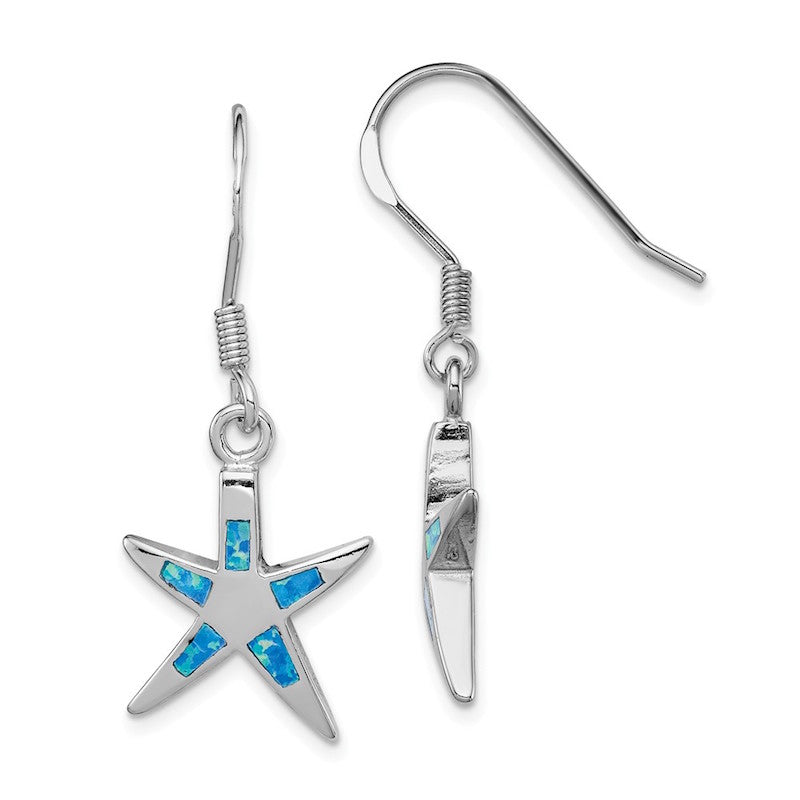 Quality Gold Sterling Silver Blue Opal Inlay Flat Starfish Dangle Earrings