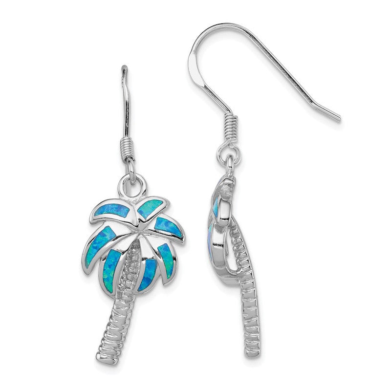 Quality Gold Sterling Silver Blue Opal Inlay Palm Tree Dangle Earrings