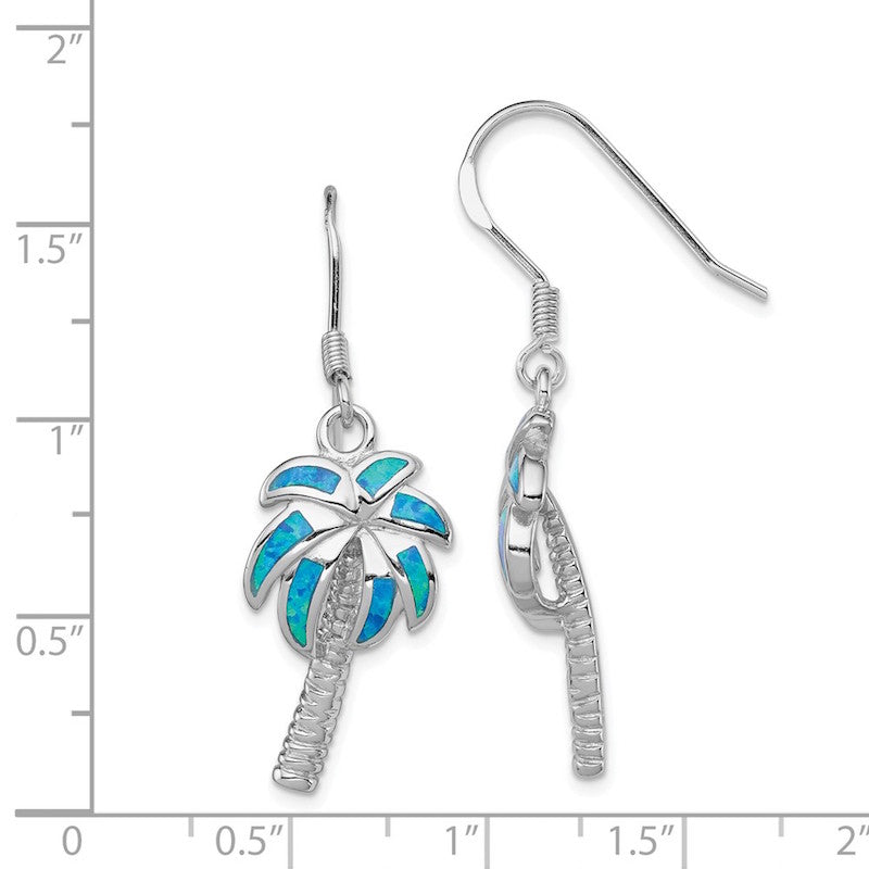 Quality Gold Sterling Silver Blue Opal Inlay Palm Tree Dangle Earrings