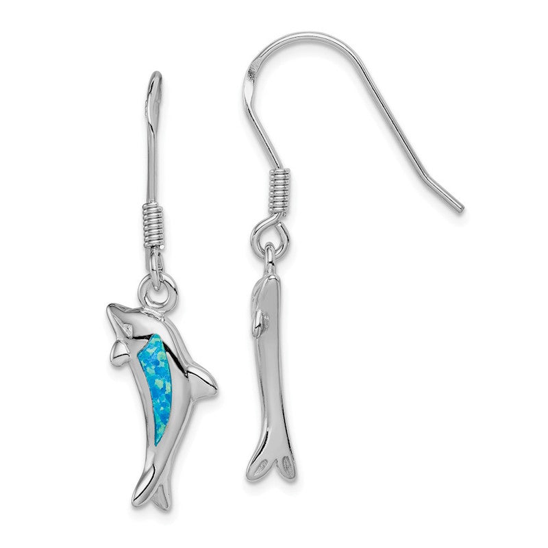 Quality Gold Sterling Silver Blue Opal Inlay Dolphin Dangle Earrings