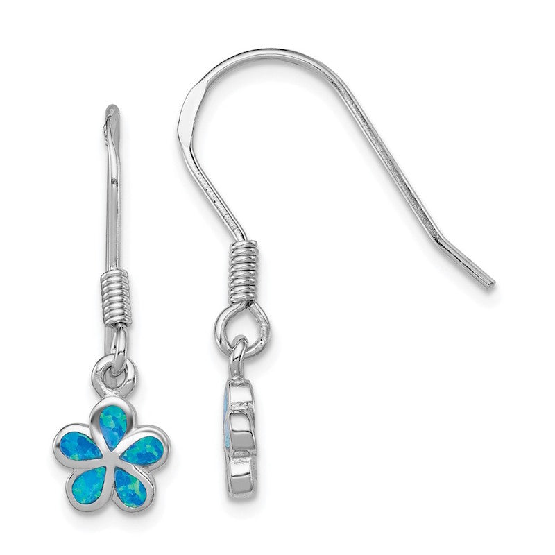 Quality Gold Sterling Silver Blue Opal Inlay Flower Dangle Earrings