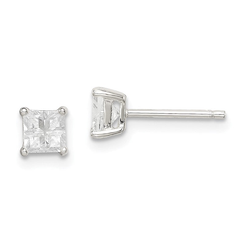 Quality Gold Sterling Silver 4mm Square CZ Basket Set Stud Earrings