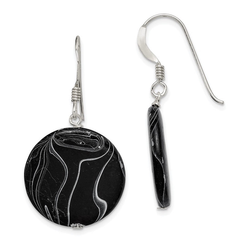 Quality Gold Sterling Silver Black Agate Dangle Disc Earrings