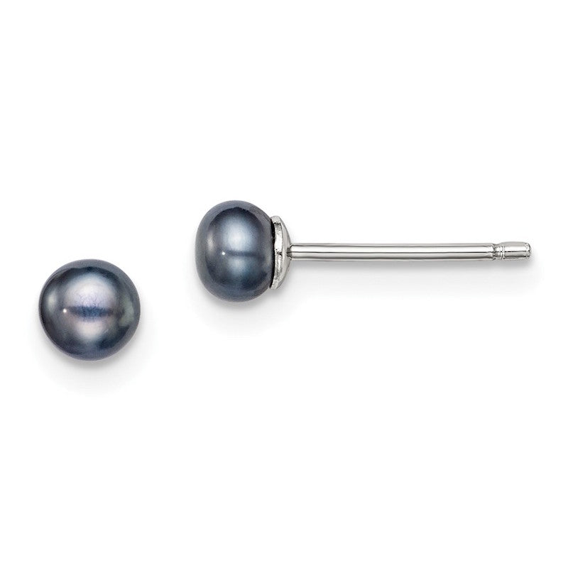 Quality Gold Sterling Silver 4-5mm Black FW Cultured Button Pearl Stud Earring