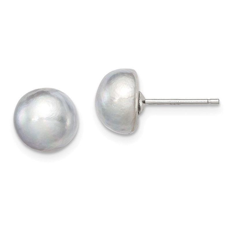 Quality Gold Sterling Silver 8-9mm Grey FW Cultured Button Pearl Stud Earrings