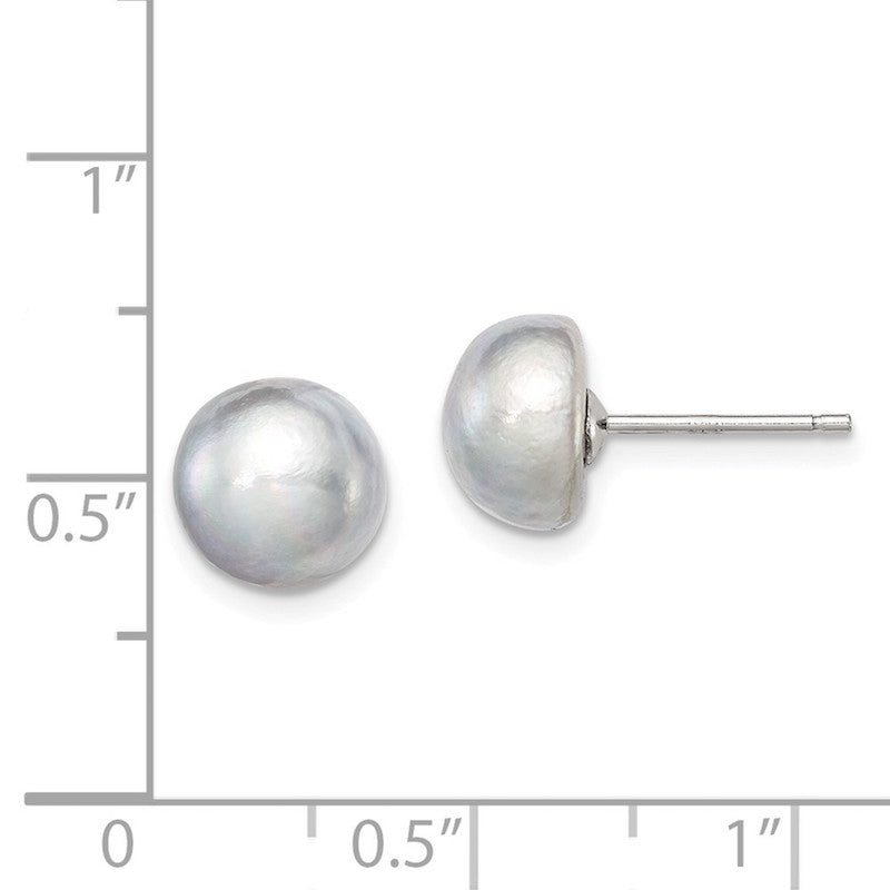 Quality Gold Sterling Silver 8-9mm Grey FW Cultured Button Pearl Stud Earrings