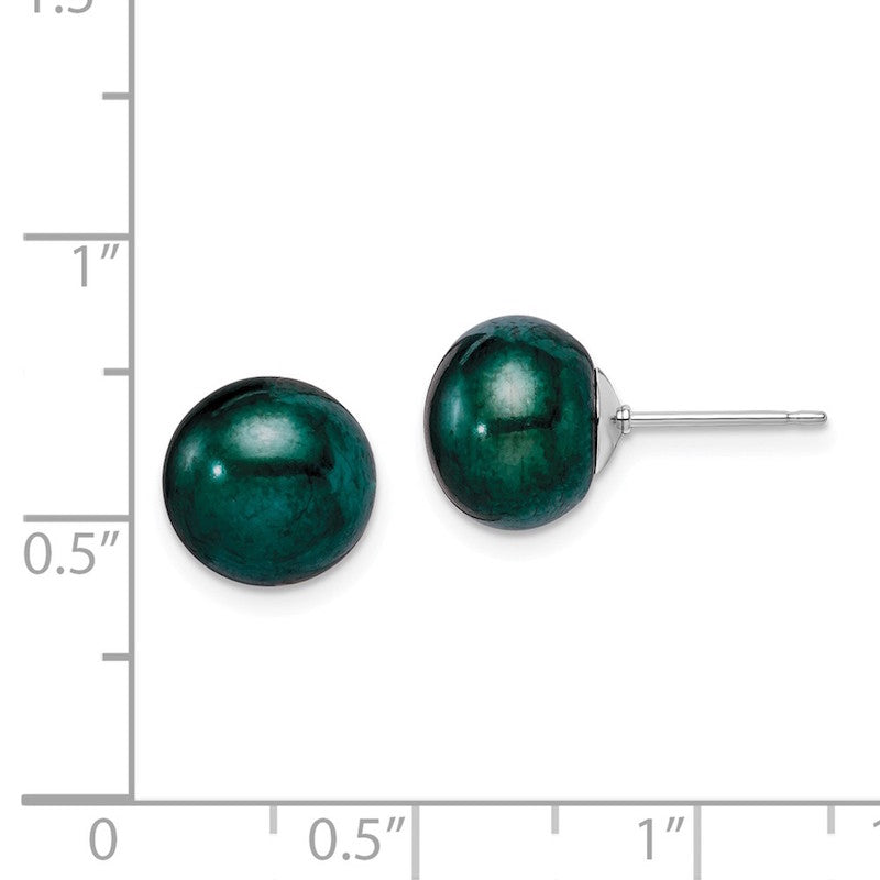 Quality Gold Sterling Silver Green 10-11mm FW Cultured Button Pearl Stud Earring