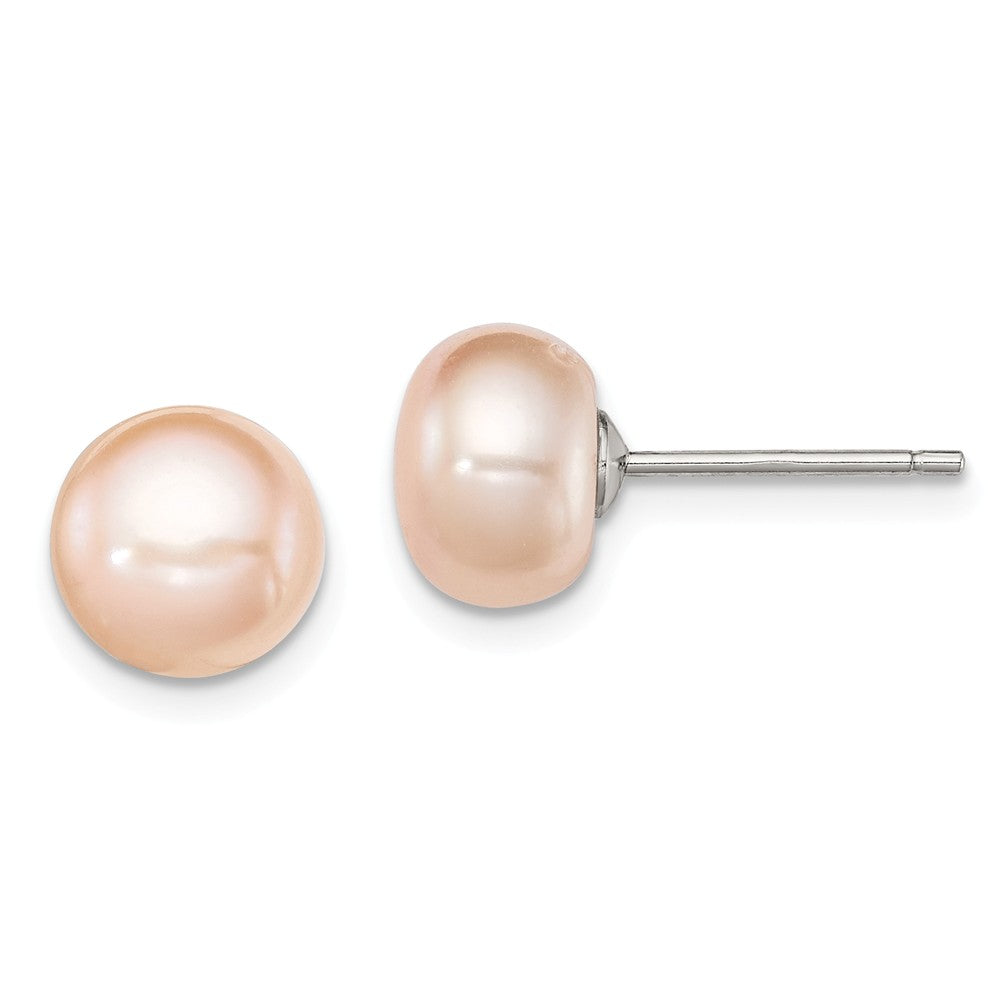 Quality Gold Sterling Silver 8-9mm Pink FW Cultured Button Pearl Stud Earrings