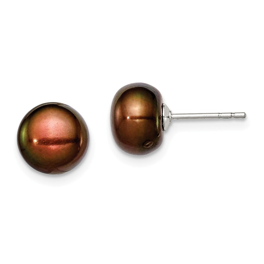 Quality Gold Sterling Silver 8-9mm Brown FW Cultured Button Pearl Stud Earrings