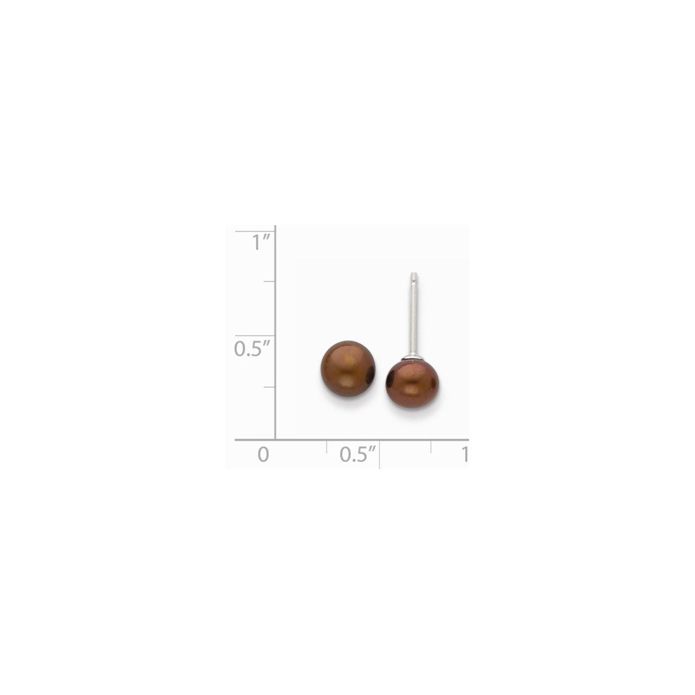 Quality Gold Sterling Silver 6-7mm Brown FW Cultured Button Pearl Stud Earrings