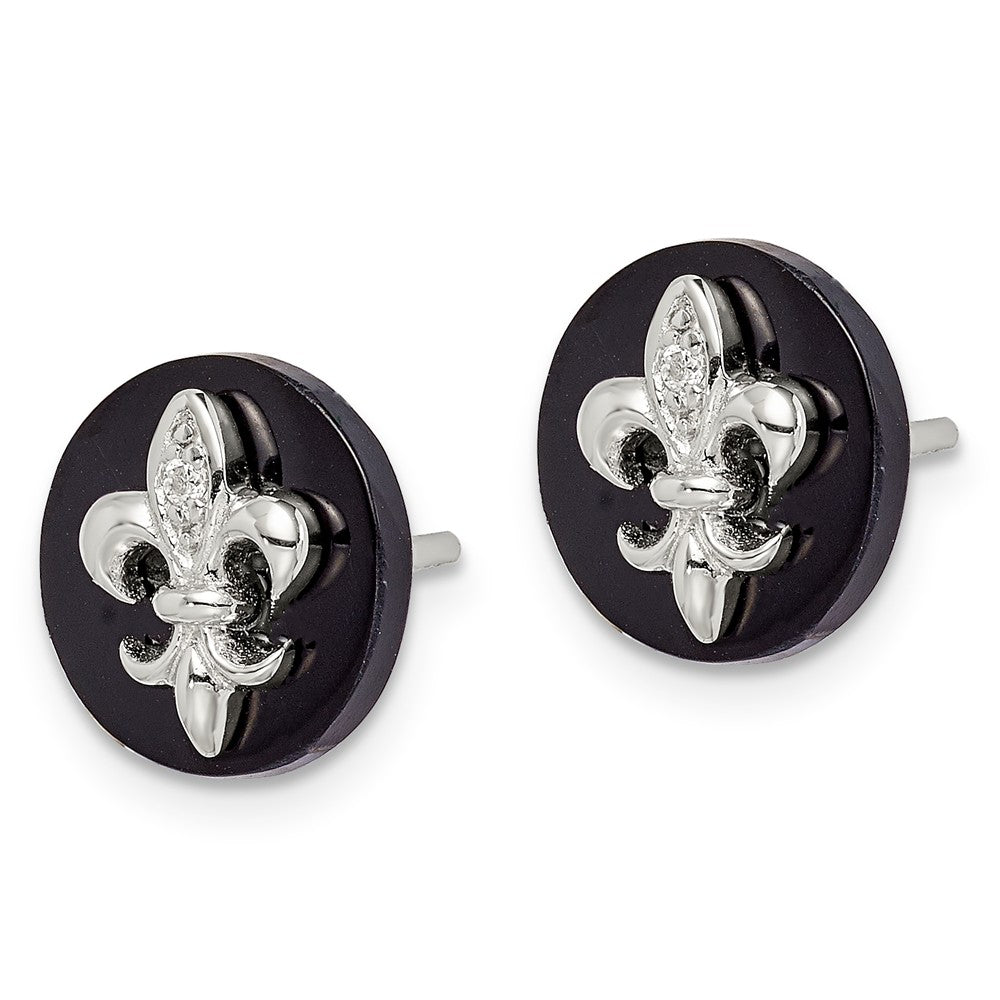 Quality Gold Sterling Silver CZ Fleur de Lis on Onyx Circle Stud Earrings