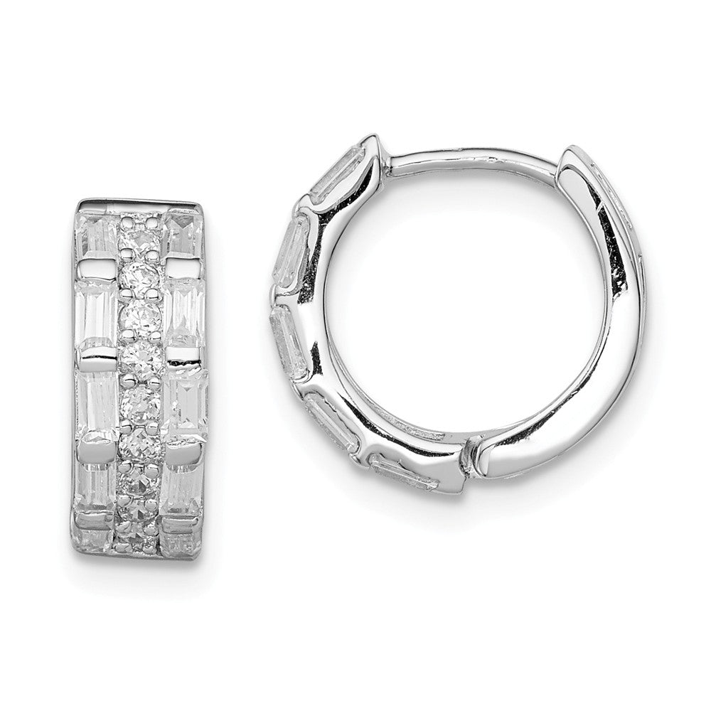 Quality Gold Sterling Silver Rhodium-plated CZ 3 Row Channel Baguette Hoop Earrings