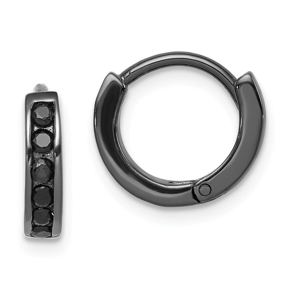 Quality Gold Sterling Silver Black Rhodium Plated Black CZ Hinged Hoop Earrings