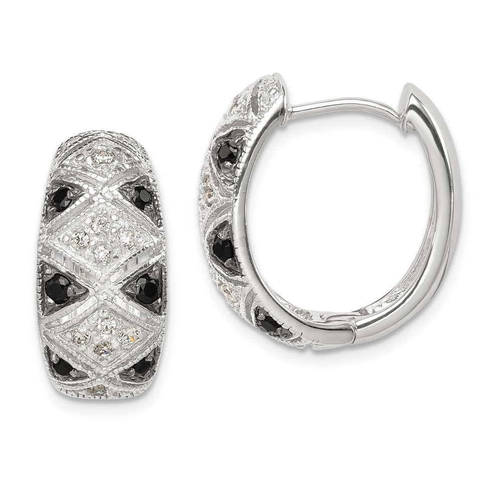 Quality Gold Sterling Silver Black & Clear CZ Hinged Hoop Earrings