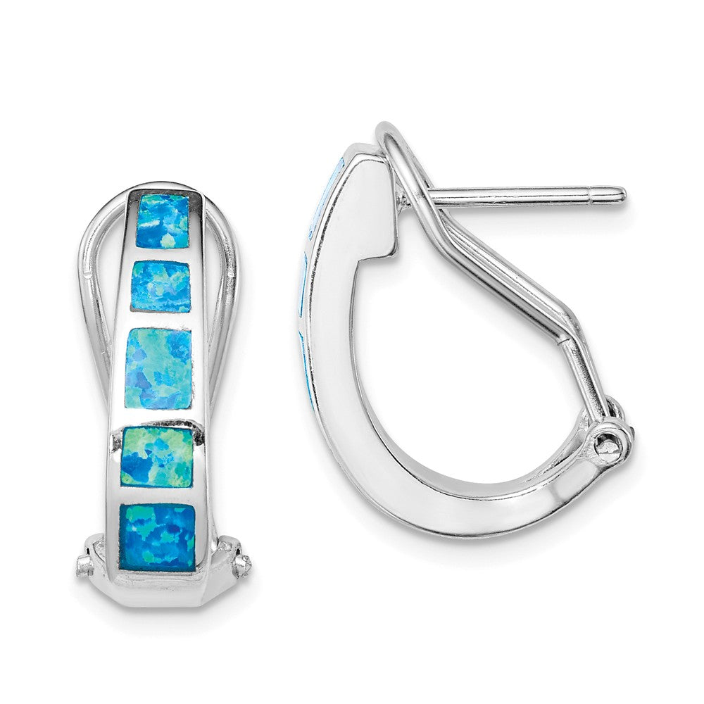 Quality Gold Sterling Silver Blue Inlay Opal Squares Hoop Earrings