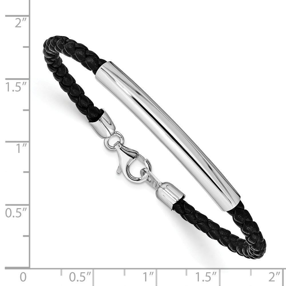 Quality Gold Sterling Silver Rhodium-plated Braided Black Leather Bracelet