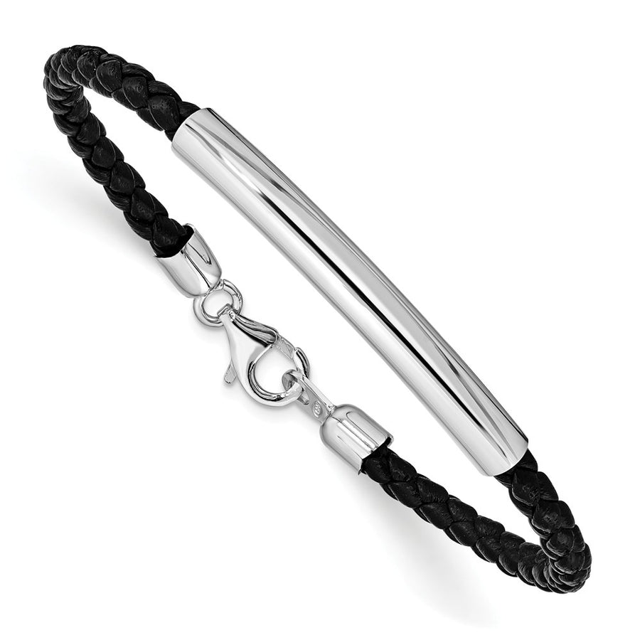 Quality Gold Sterling Silver Rhodium-plated Braided Black Leather Bracelet