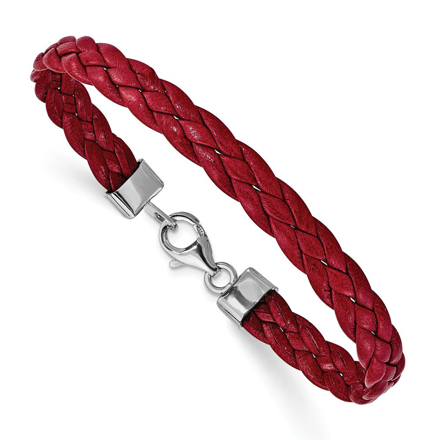 Quality Gold Sterling Silver Rhodium-plated Red Braided Leather Bracelet