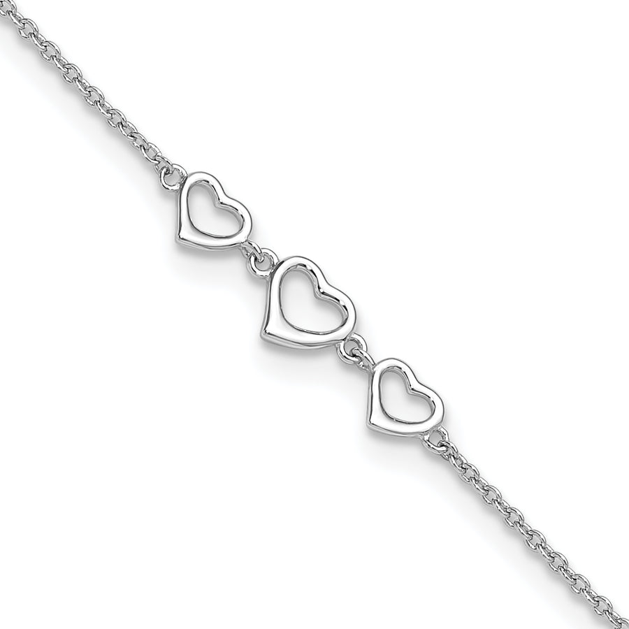 Quality Gold Sterling Silver Rhodium-plated 10 in Plus1 in ext Three Hearts Anklet