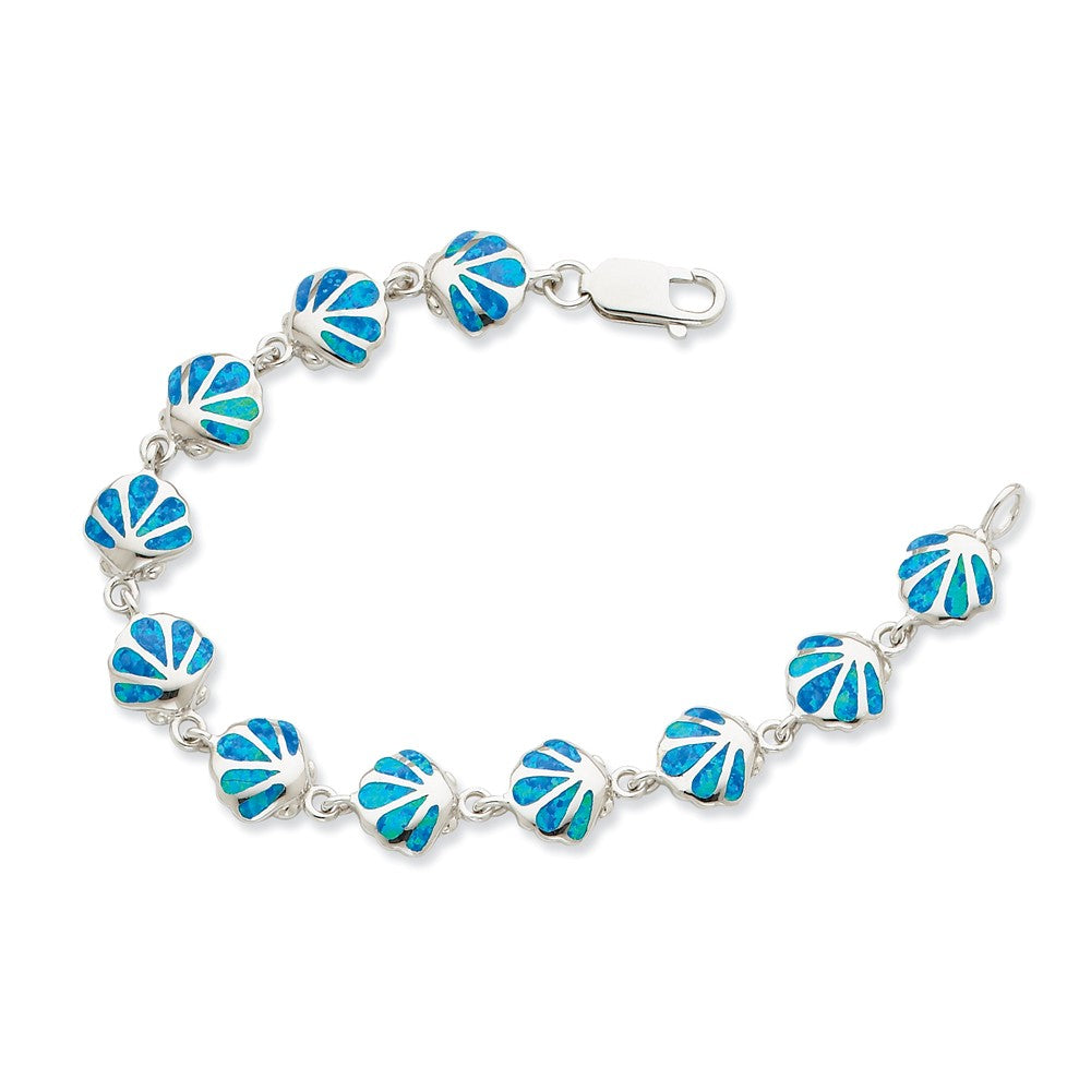 Quality Gold Sterling Silver 7in Blue Opal Inlay Shell Bracelet