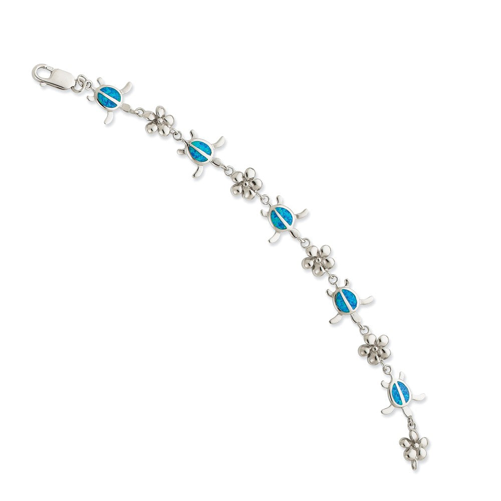 Quality Gold Sterling Silver 7in Blue Opal Inlay Tortoise Flower Bracelet