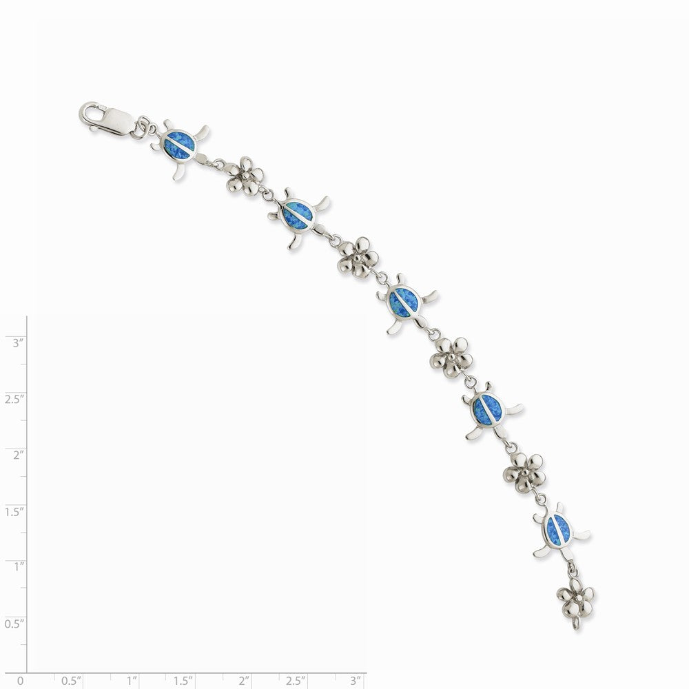 Quality Gold Sterling Silver 7in Blue Opal Inlay Tortoise Flower Bracelet