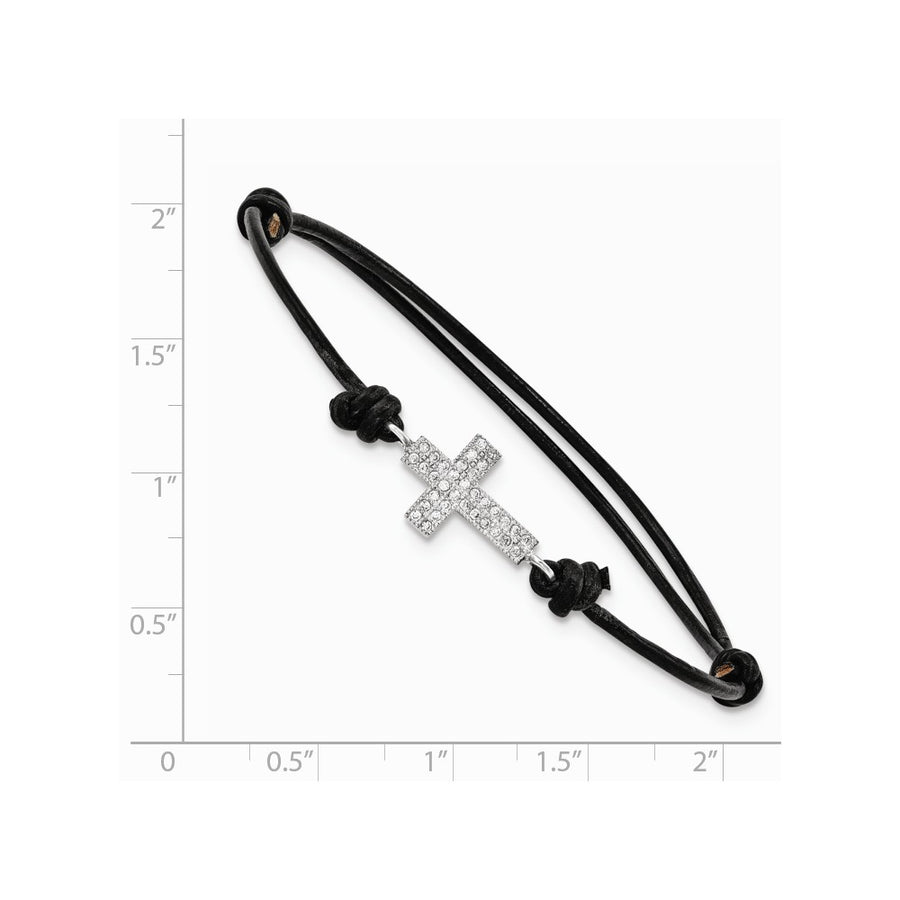 Quality Gold Sterling Silver Rhodium-plated CZ Cross Black Leather Adjustable Bracelet