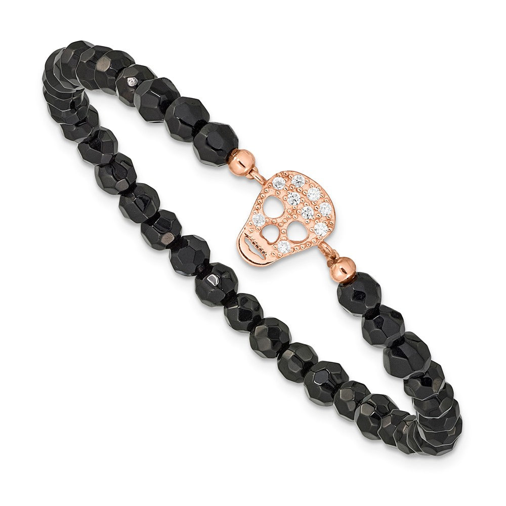 Quality Gold Sterling Silver Rhodium-plated Pink-plated Onyx & CZ Skull Stretch Bracelet