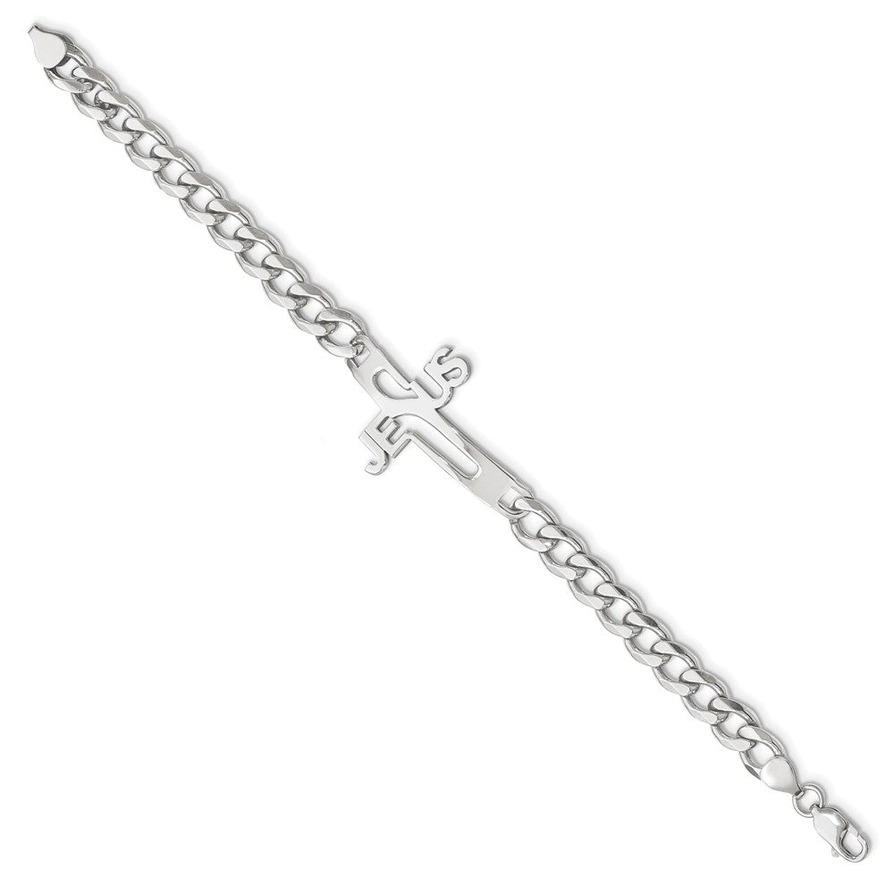 Quality Gold Sterling Silver Rhodium-plated Jesus Cross Men's 8.5in Bracelet