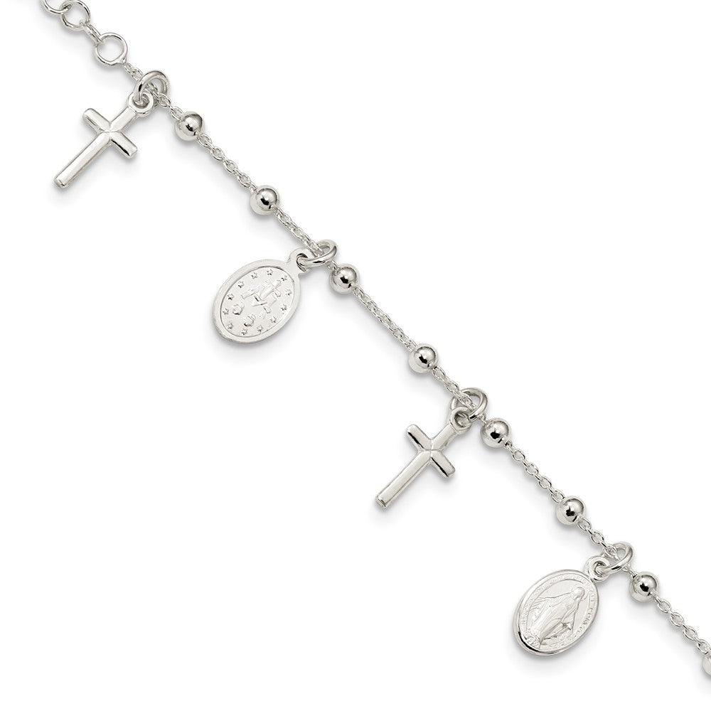 Quality Gold Sterling Silver Polished Cross & Miraculous Medal Bracelet