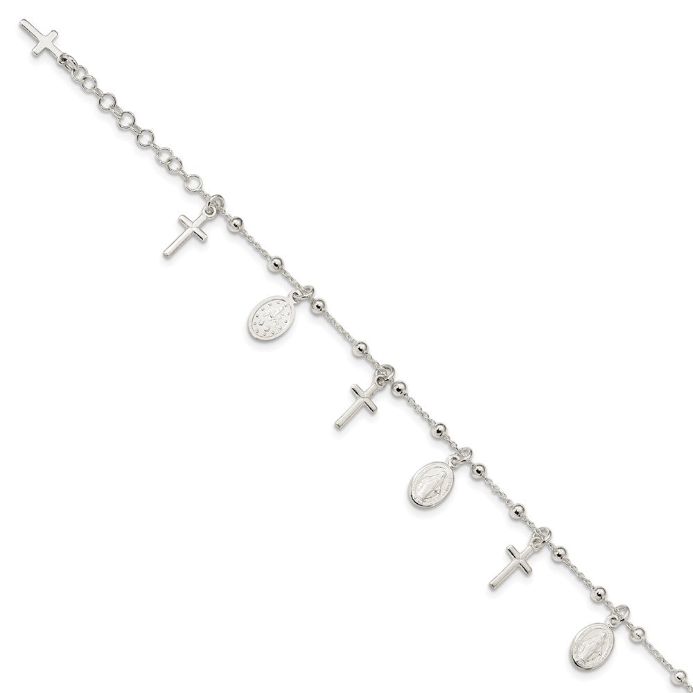 Quality Gold Sterling Silver Polished Cross & Miraculous Medal Bracelet