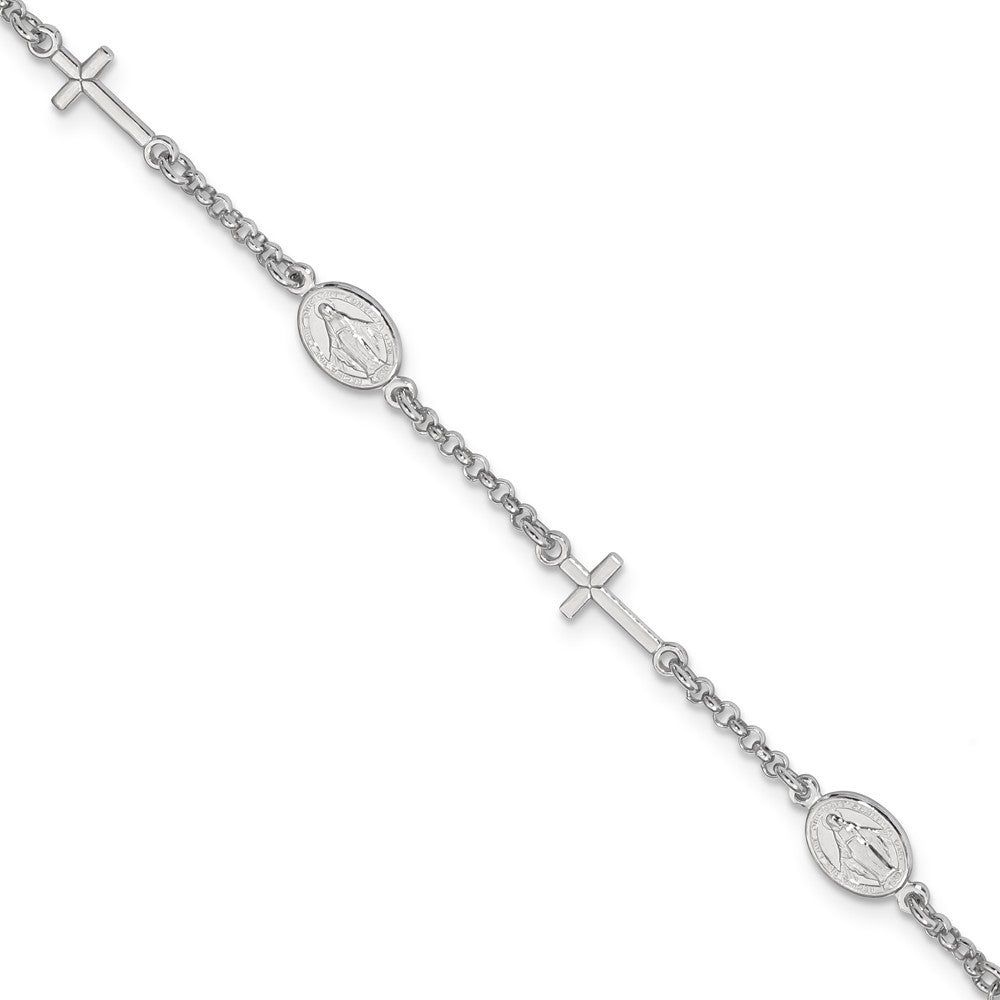 Quality Gold Sterling Silver Rhodium Plated Cross & Miraculous Medal Bracelet