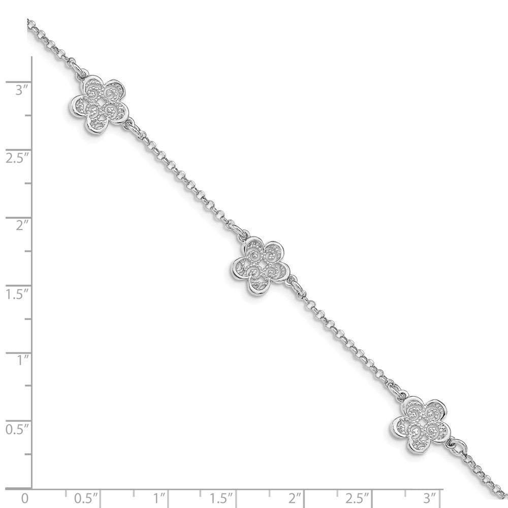 Quality Gold Sterling Silver Rhodium-plated Polished Filigree Flower Bracelet