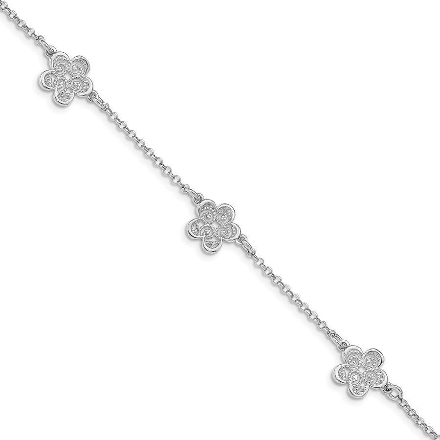 Quality Gold Sterling Silver Rhodium-plated Polished Filigree Flower Bracelet