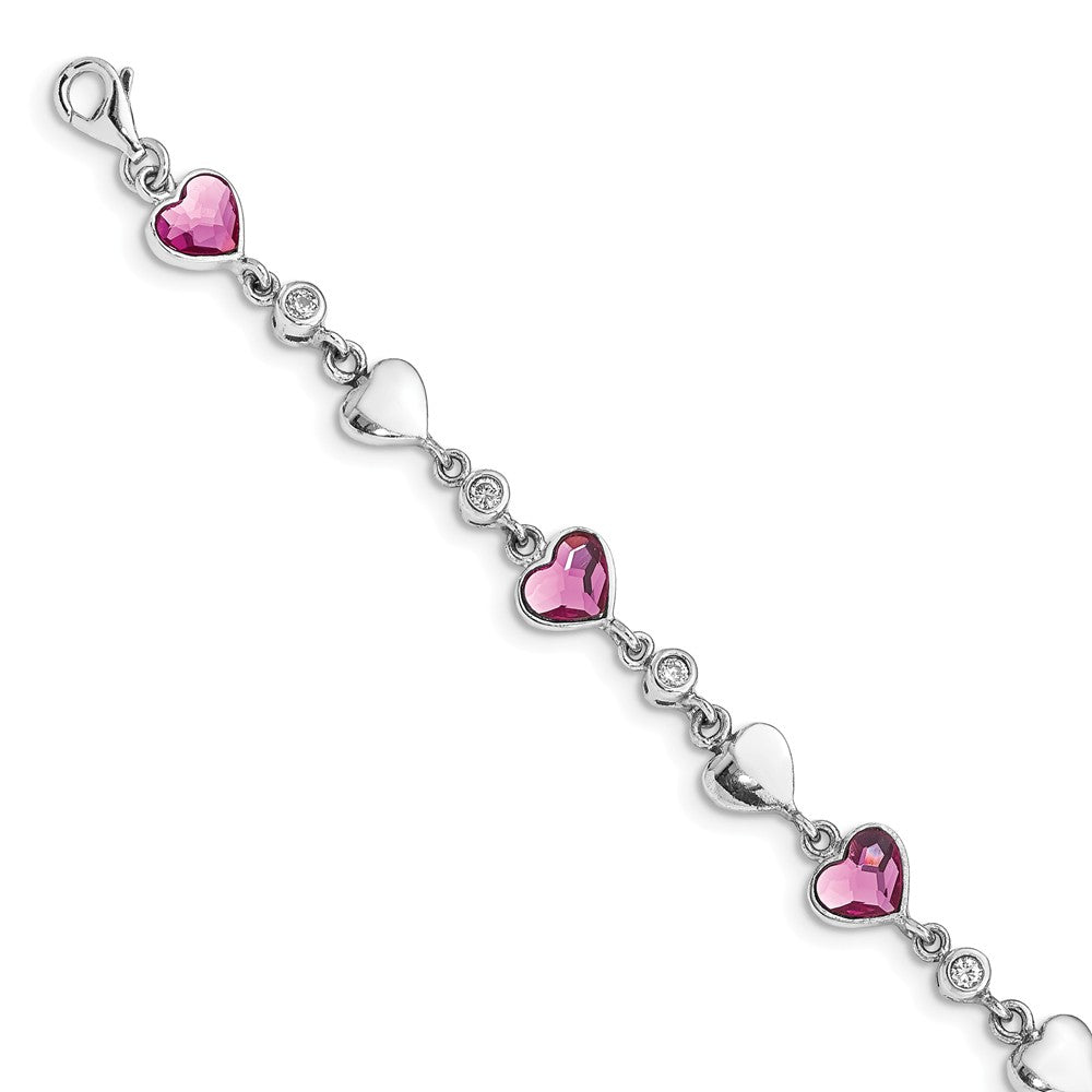 Quality Gold Sterling Silver RH-plated Clear & Pink Crystal Hearts Bracelet