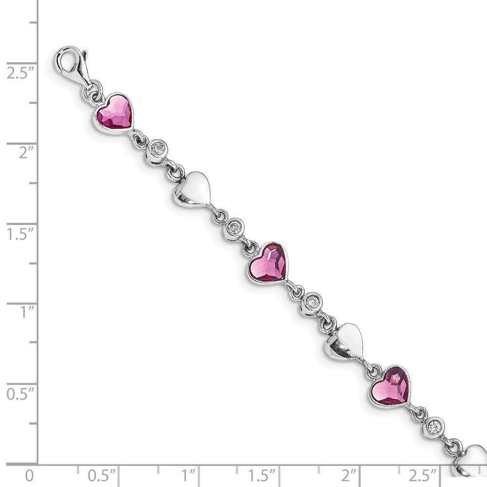 Quality Gold Sterling Silver RH-plated Clear & Pink Crystal Hearts Bracelet