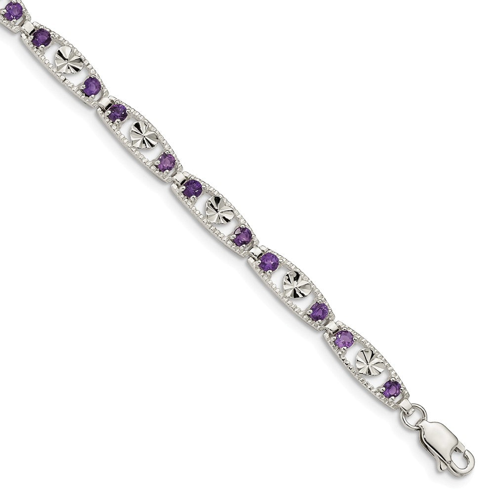 Quality Gold Sterling Silver Amethyst Diamond-cut Heart Bracelet