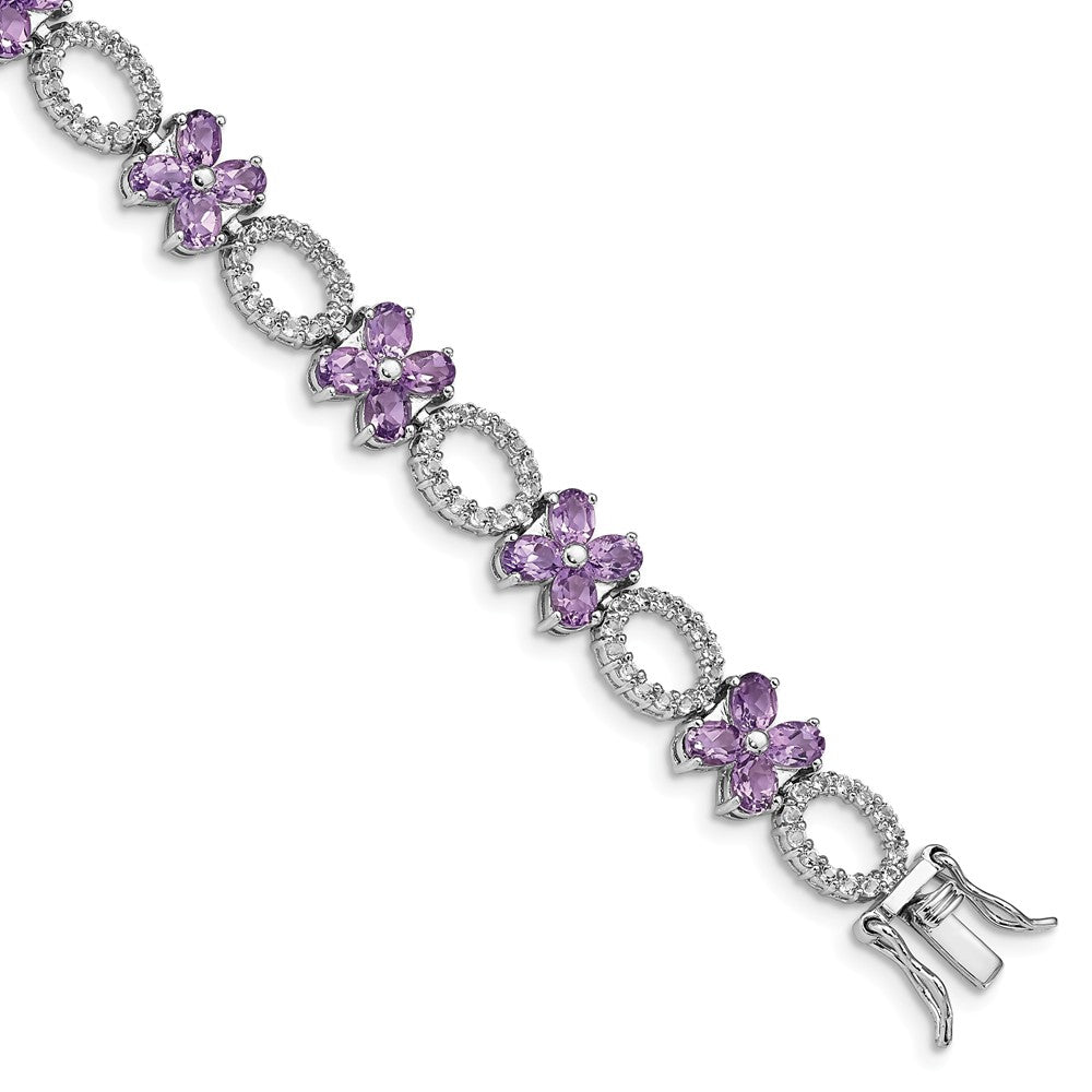 Quality Gold Sterling Silver Rhodium-plated Amethyst Flower & White Topaz Bracelet